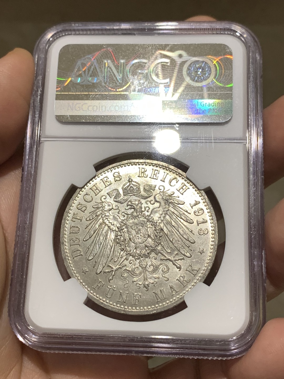 《竞宝斋》第167场-周日，周一，周四 3场 (全场包邮) NGC-MS64 德国 1913 普鲁士威廉二世执政25周年纪念5马克银币 威廉二世戎装5马克  底版镜面细节锐利 压印饱满