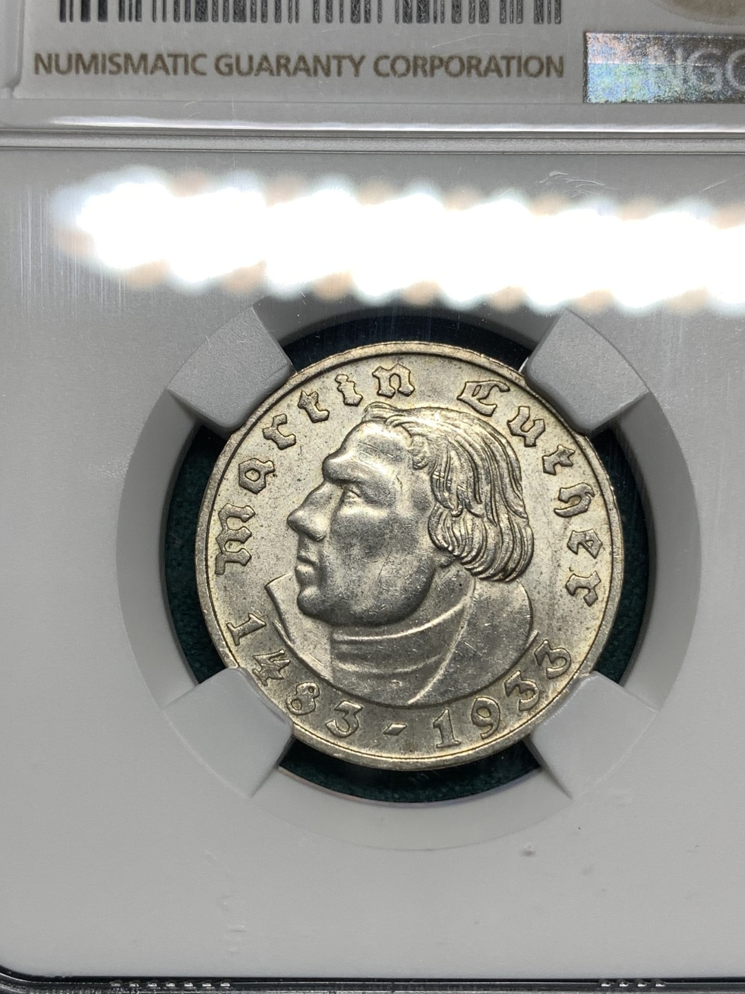 《竞宝斋》第167场-周日，周一，周四 3场 (全场包邮) NGC UNC 德国1933年D版路德2马克银币 转光好 低评