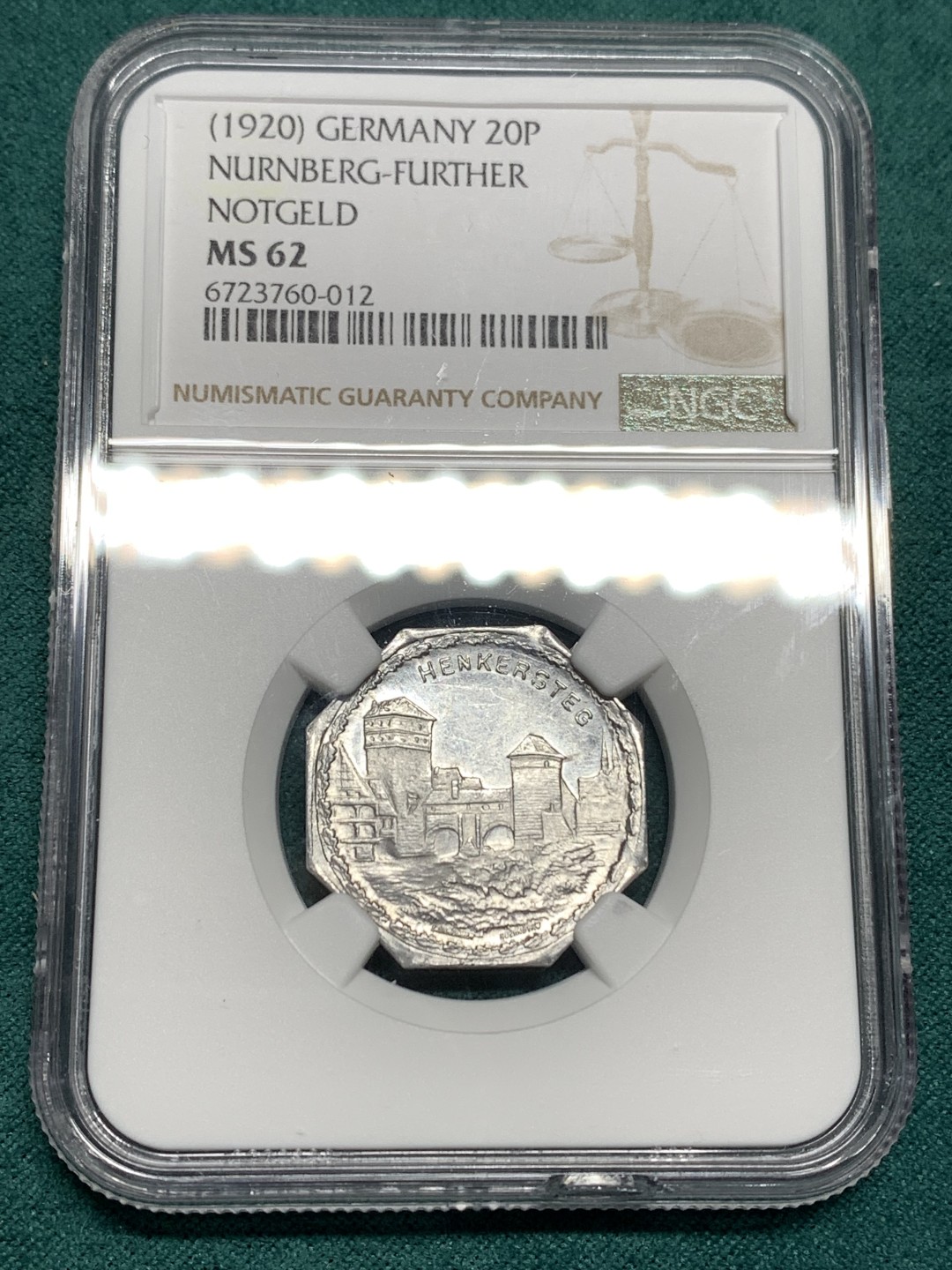 《竞宝斋》第167场-周日，周一，周四 3场 (全场包邮) NGC-MS62 1920 德国紧急状态时期纽伦堡代币 景观不错