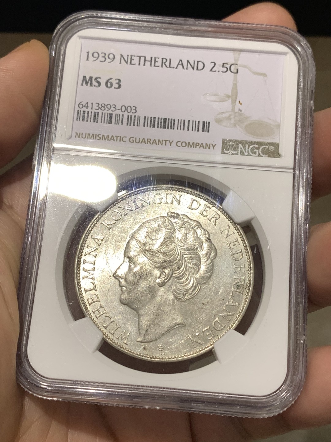 《竞宝斋》第167场-周日，周一，周四 3场 (全场包邮) 亚军分 NGC MS63 荷兰 1939年 威廉明娜  2.5G 大银币