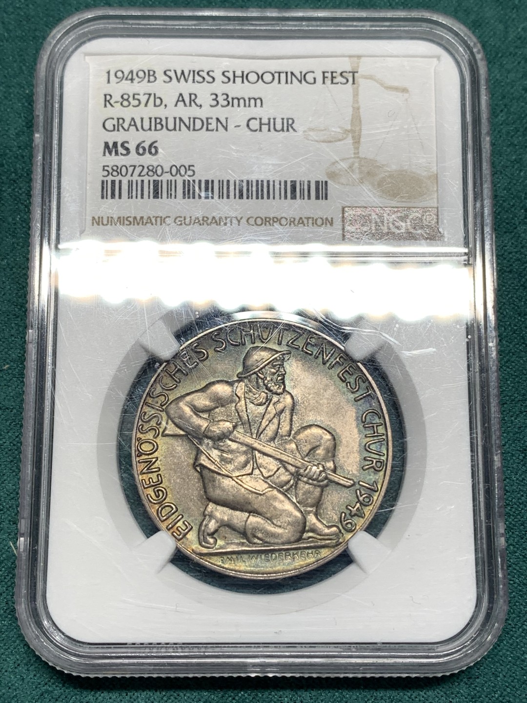 《竞宝斋》第167场-周日，周一，周四 3场 (全场包邮) NGC-MS66 瑞士 1949年格劳宾登射击节银章（发行量小于500枚，亚军分 ）