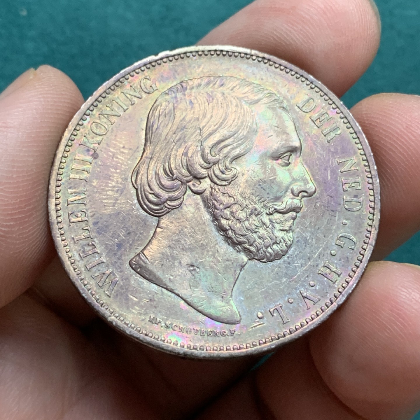 《竞宝斋》第167场-周日，周一，周四 3场 (全场包邮) 荷兰1868年威廉三世国王头像2.5盾大银币，酱彩包浆，很漂亮