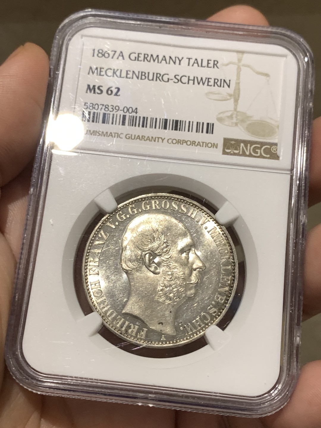 《竞宝斋》第167场-周日，周一，周四 3场 (全场包邮) NGC MS62 德国 1867年 梅克伦堡-施韦林大公国 弗里德里希二世 在位25周年 泰勒银币 1W枚的量 难得品种