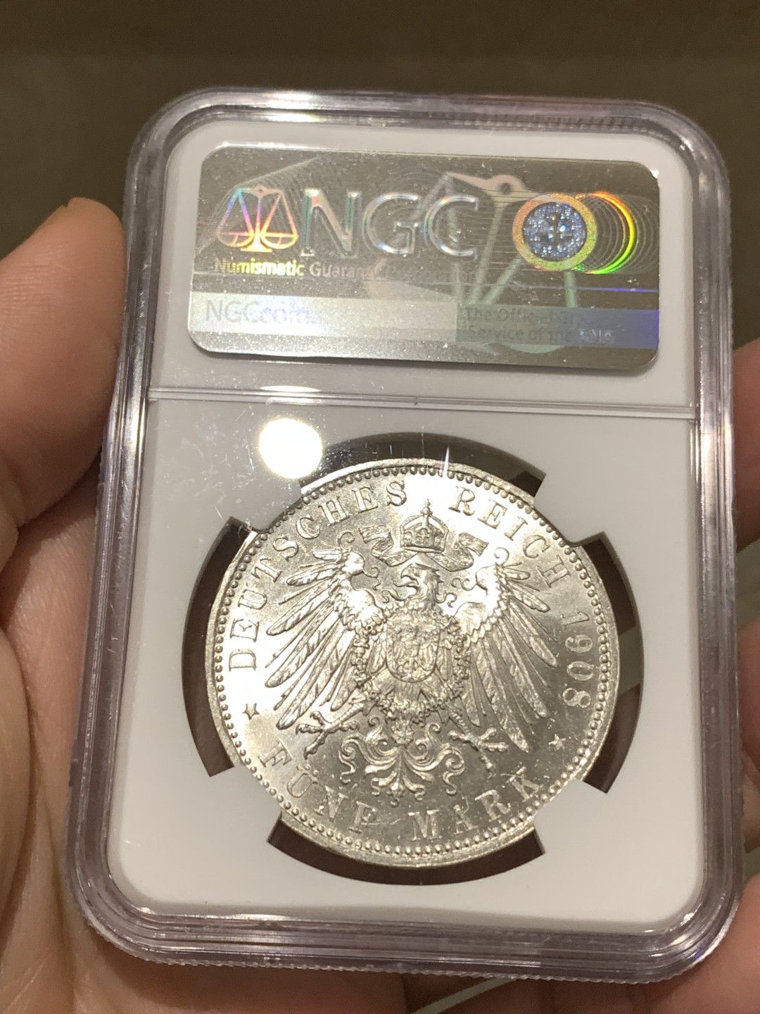 《竞宝斋》第167场-周日，周一，周四 3场 (全场包邮) NGC-MS63 德国 巴伐利亚 1908年 奥托流通5马克银币 暴光 状态优秀 略微地评