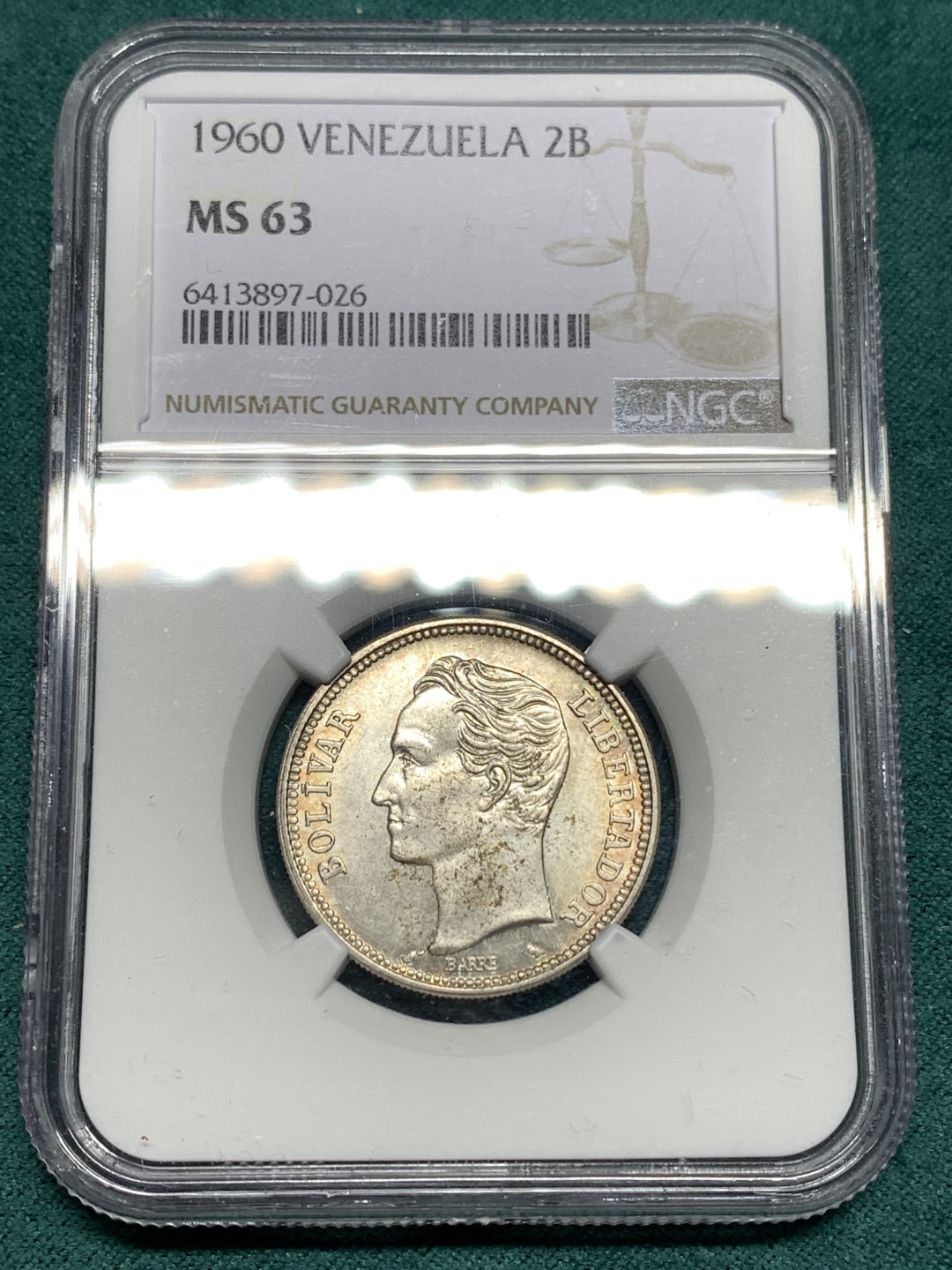 《竞宝斋》第167场-周日，周一，周四 3场 (全场包邮) NGC MS63 委内瑞拉 1960年 2玻利瓦尔 银币 高分好状态