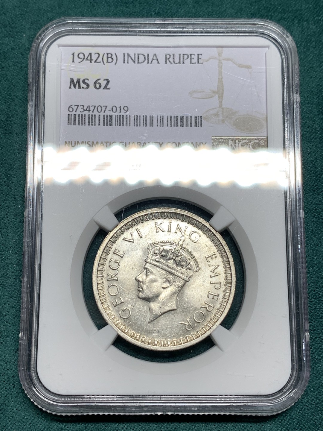 《竞宝斋》第167场-周日，周一，周四 3场 (全场包邮) NGC MS62 英属印度1942年乔治六世1卢比银币