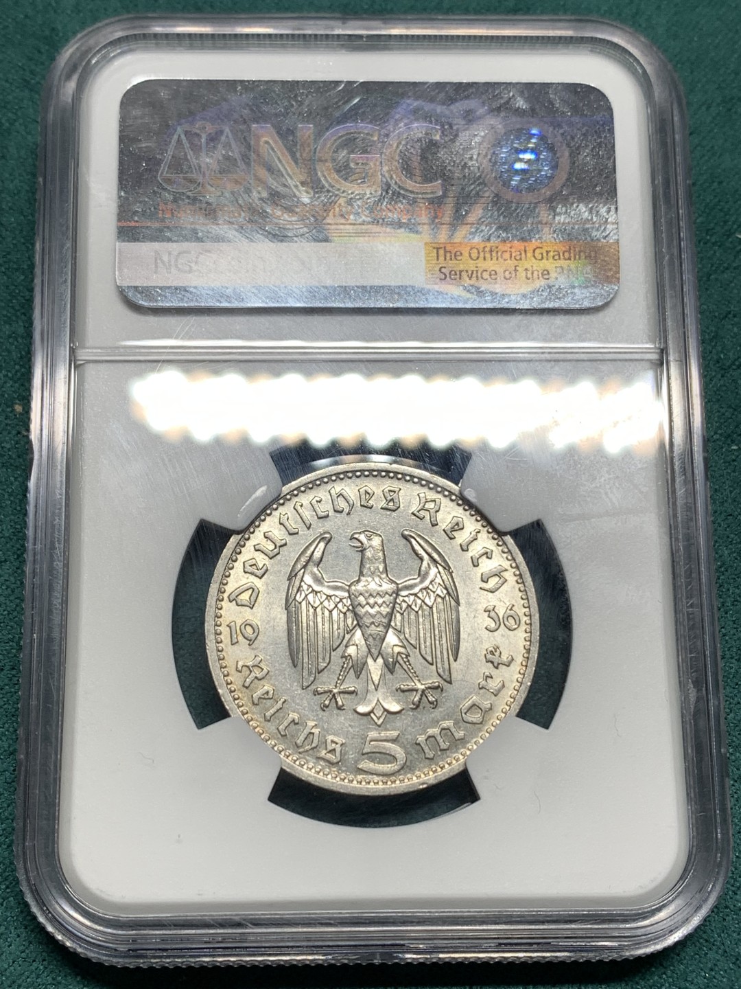 《竞宝斋》第167场-周日，周一，周四 3场 (全场包邮) NGC-MS62 德国 1936年D 兴登堡 鹰版 5马克 银币