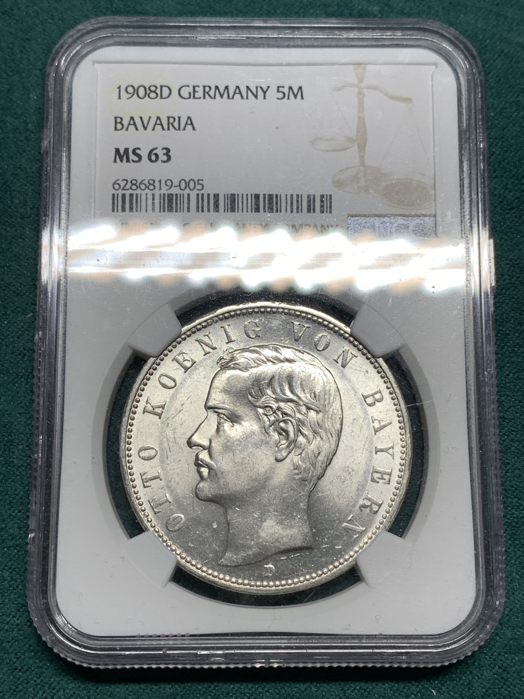 《竞宝斋》第167场-周日，周一，周四 3场 (全场包邮) NGC-MS63 德国 巴伐利亚 1908年 奥托流通5马克银币 暴光 状态优秀 略微地评