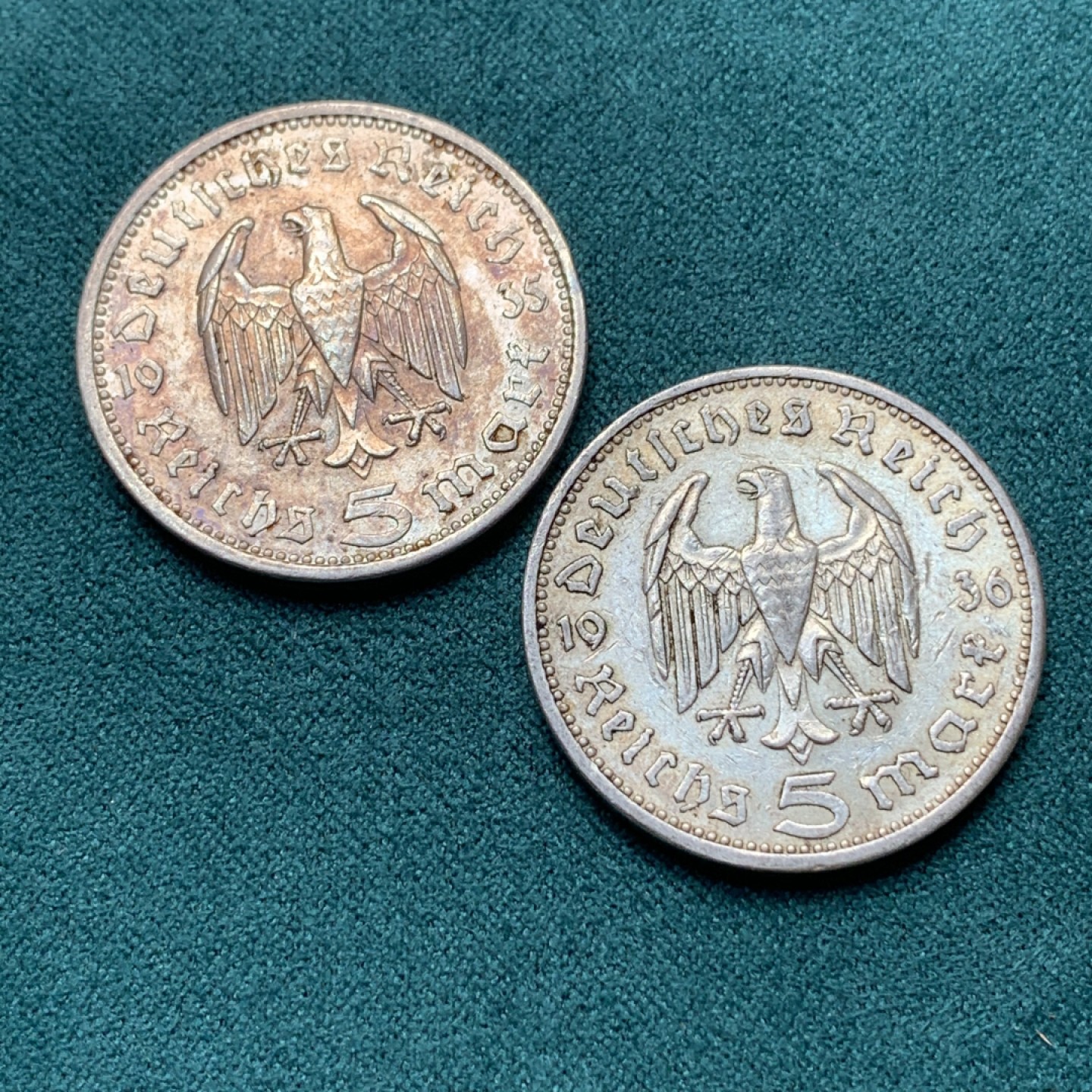 《竞宝斋》第167场-周日，周一，周四 3场 (全场包邮) 德国 第三帝国 兴登堡5马克 银币两枚一组