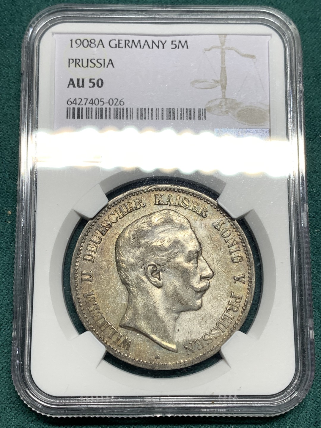 《竞宝斋》第167场-周日，周一，周四 3场 (全场包邮) NGC AU50 德国 1908年 威廉二世 5马克 银币 流通币 AU50不容易