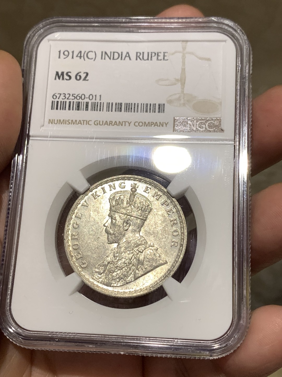 《竞宝斋》第167场-周日，周一，周四 3场 (全场包邮) NGC MS62 英属印度 1914 乔五卢比银币，状态不错的一枚