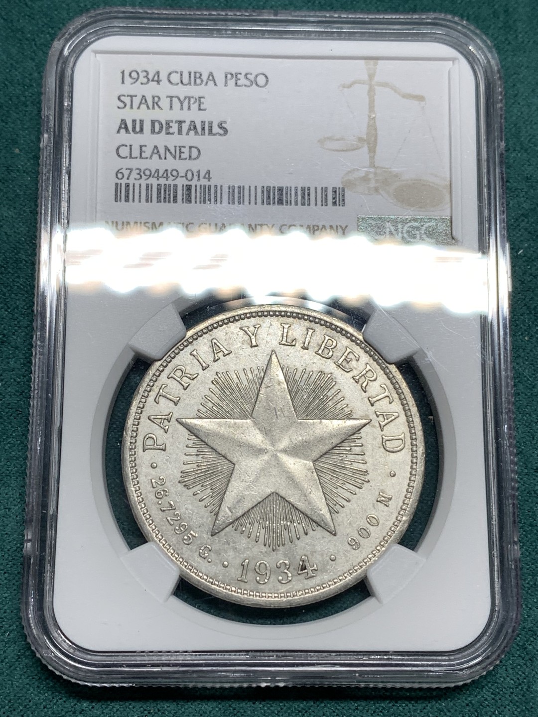 《竞宝斋》第167场-周日，周一，周四 3场 (全场包邮) NGC-AU 古巴1934年大五星一比索银币 细节清晰 热门品种