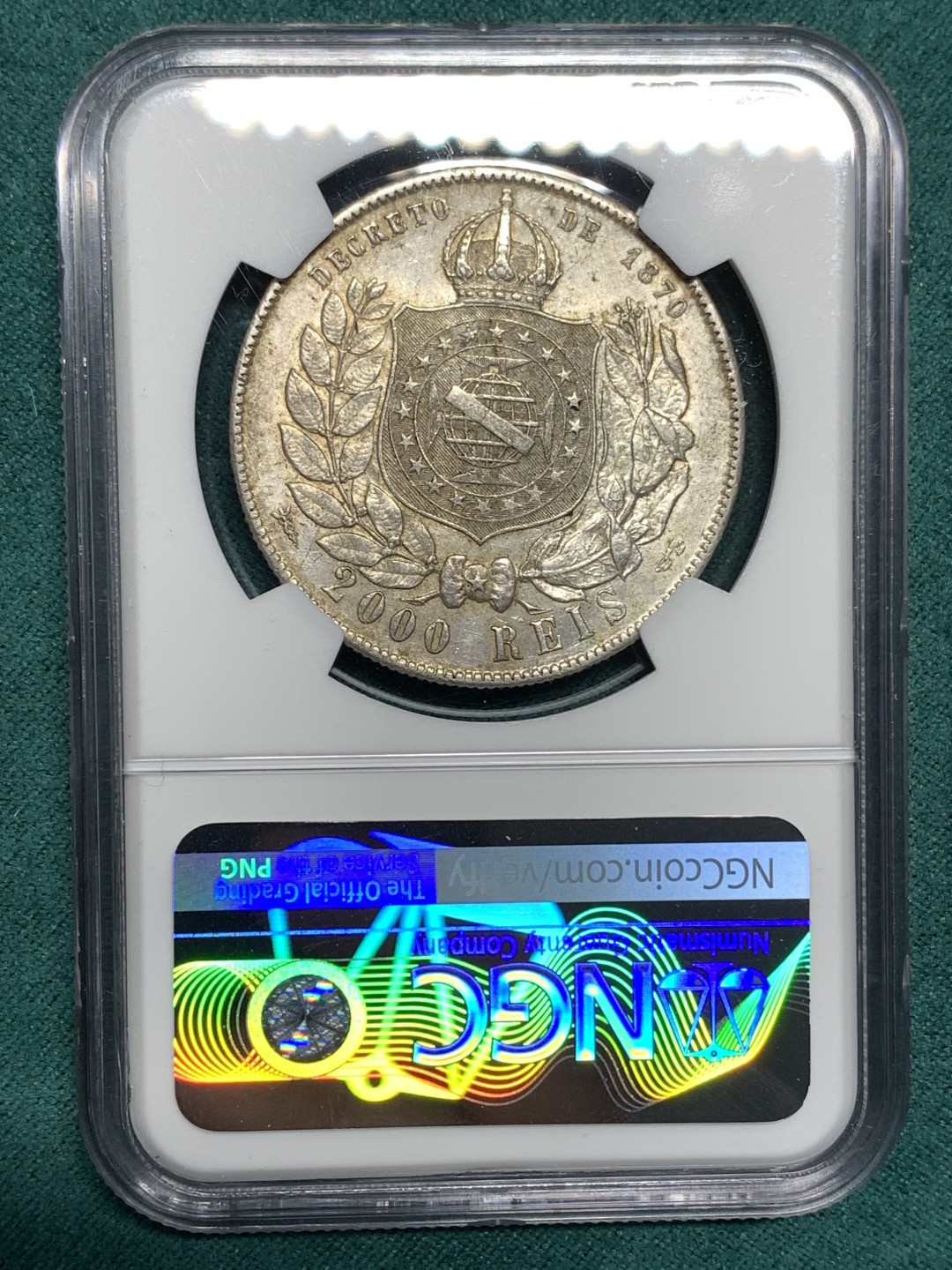 《竞宝斋》第167场-周日，周一，周四 3场 (全场包邮) NGC AU58 巴西 1889年 2000瑞斯 大银币 大胡子原味包浆 很不错