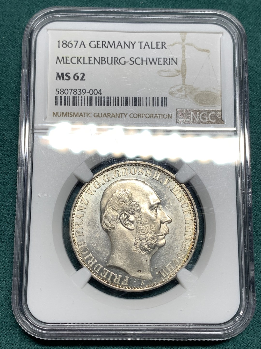 《竞宝斋》第167场-周日，周一，周四 3场 (全场包邮) NGC MS62 德国 1867年 梅克伦堡-施韦林大公国 弗里德里希二世 在位25周年 泰勒银币 1W枚的量 难得品种