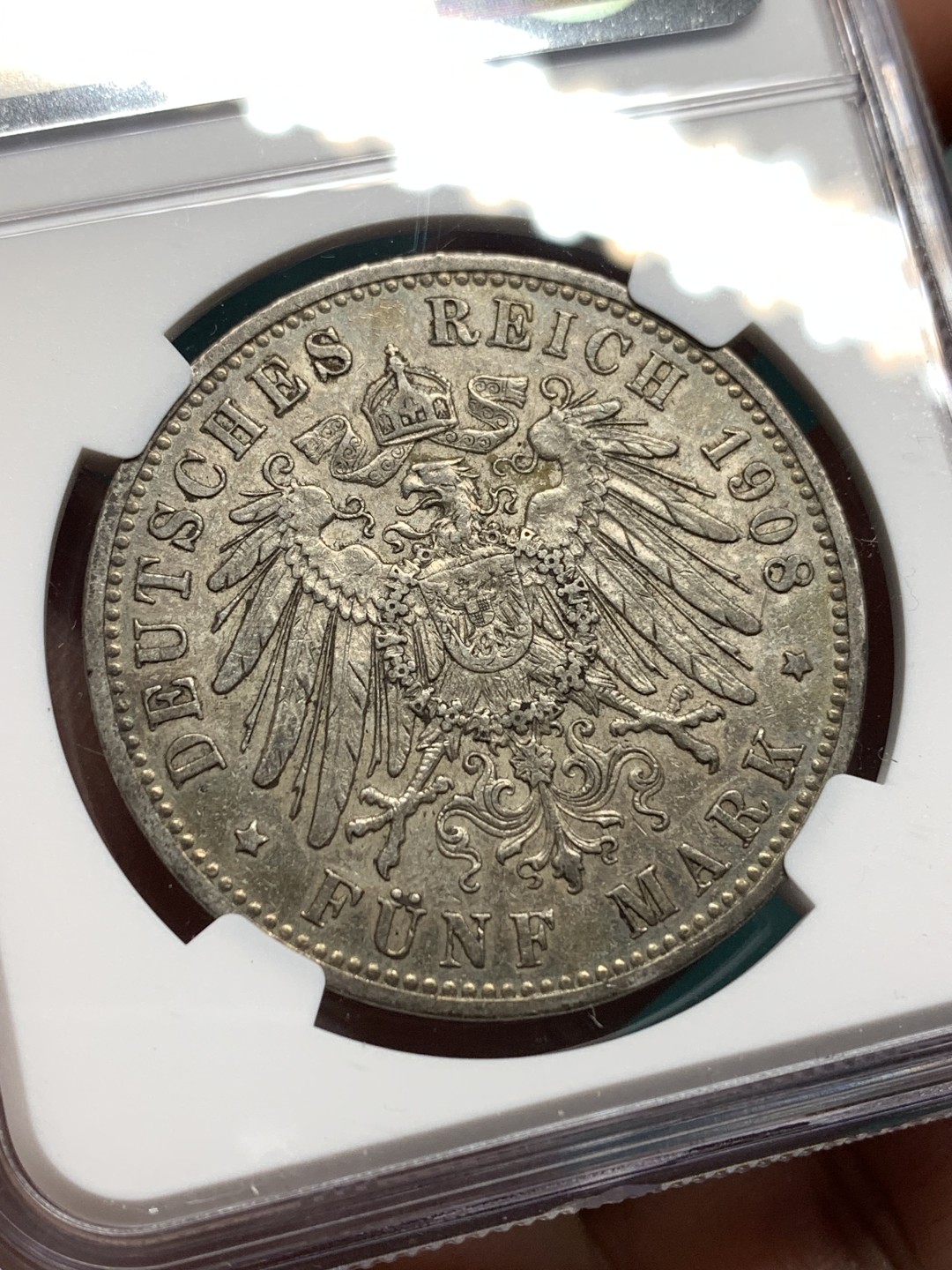 《竞宝斋》第167场-周日，周一，周四 3场 (全场包邮) NGC AU50 德国 1908年 威廉二世 5马克 银币 流通币 AU50不容易