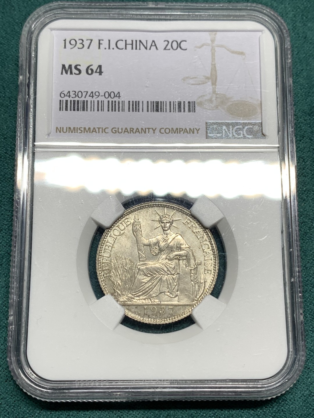 《竞宝斋》第167场-周日，周一，周四 3场 (全场包邮) NGC-MS64 法属印支1937年小坐洋 20分银币