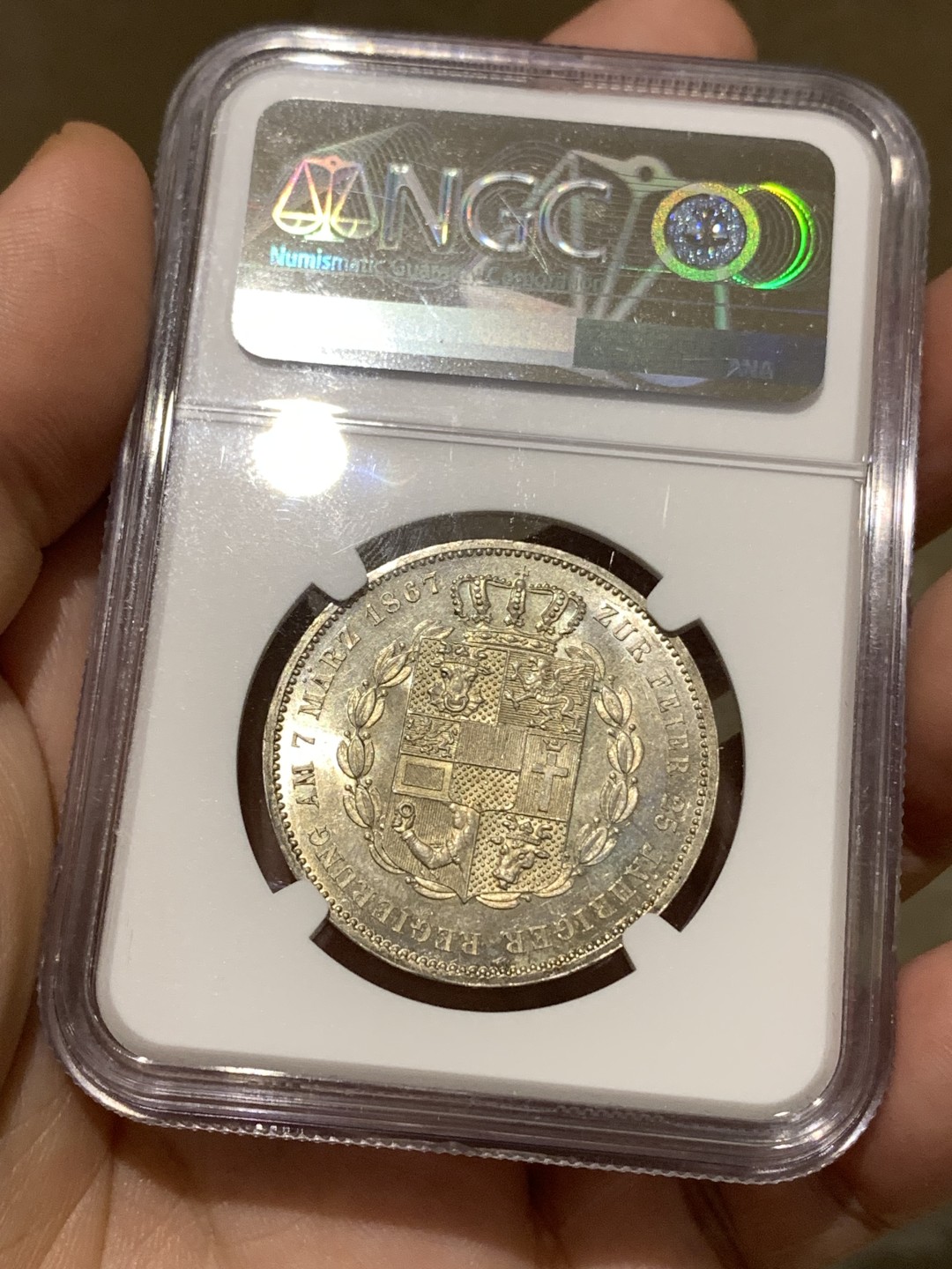 《竞宝斋》第167场-周日，周一，周四 3场 (全场包邮) NGC MS62 德国 1867年 梅克伦堡-施韦林大公国 弗里德里希二世 在位25周年 泰勒银币 1W枚的量 难得品种