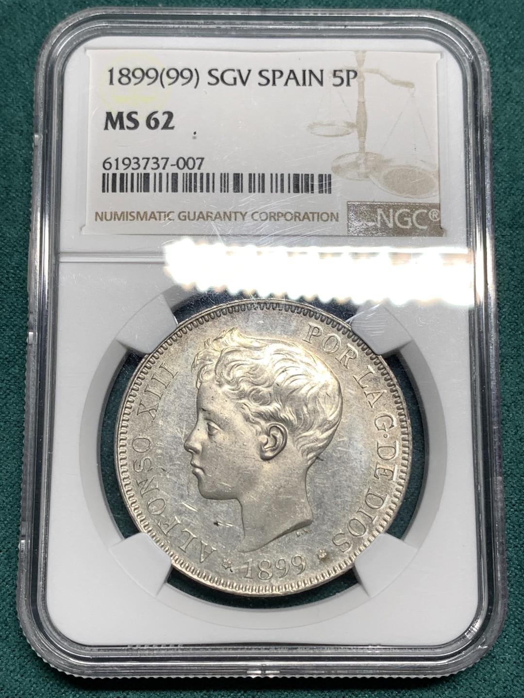 《竞宝斋》第167场-周日，周一，周四 3场 (全场包邮) NGC-MS62 西班牙 1899 SGV 阿方索十三世 双柱 5比塞塔 银币