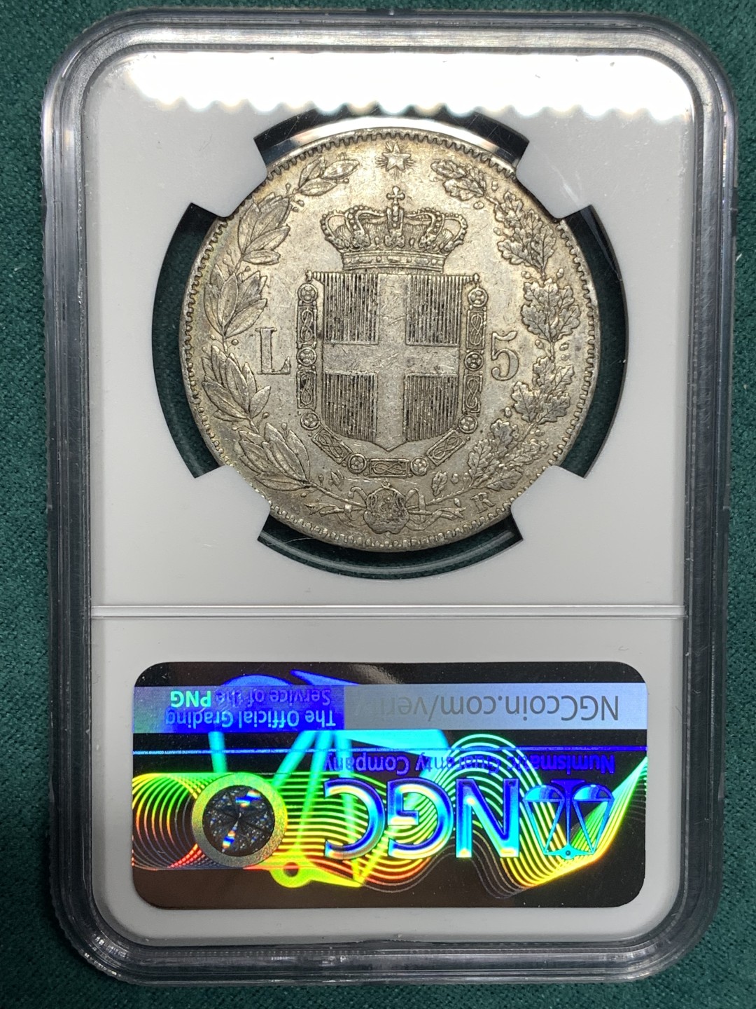《竞宝斋》第167场-周日，周一，周四 3场 (全场包邮) NGC-AU50 意大利1879年 翁贝托5里拉大银币 老包浆 难得50分