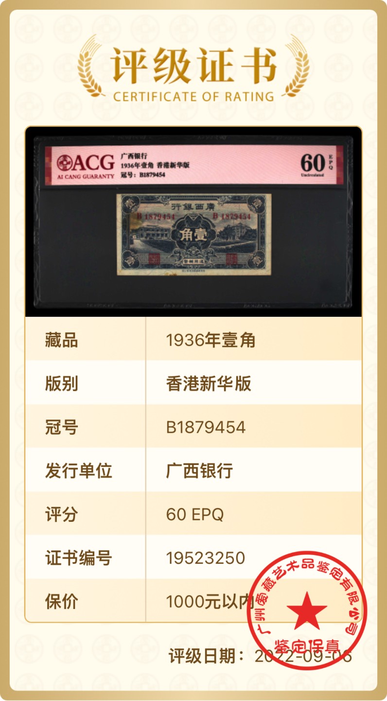 北极狼藏苑社纸币换藏专场(62) 1452-B①广西银行壹角·香港新华版·票面尺寸98*52;ACG60EPQ