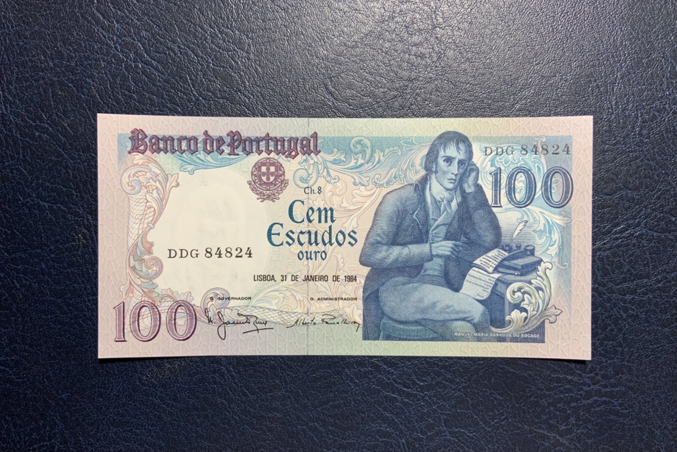 收藏联盟Quantum Auction 第261期拍卖  葡萄牙1984年100埃斯库多 品相全新UNC 葡萄牙浪漫主义文学先驱 自由体诗人 博卡热