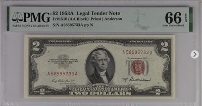 美国历史记忆 - 2美元红库印战争券Legal Tender Note, $2 1953A Small Size