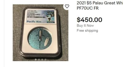 【海寧潮】获奖帕劳2021年大白鲨双面高浮雕彩银币NGC-PF70首无盒子证书非评级价格3000