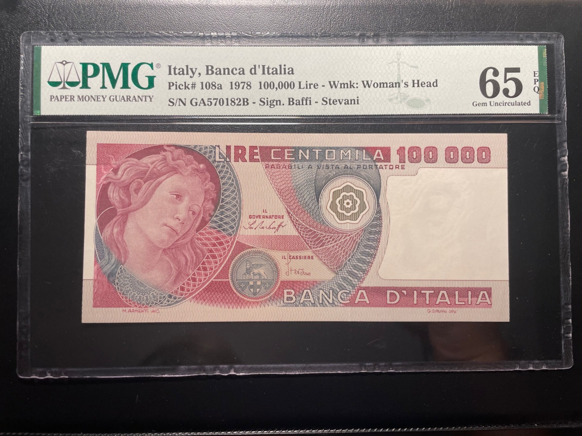 乐淘淘评级币精选场 第1期  开业大吉 本期免押金！ 【GA570182B】意大利1978年纸币 100000里拉 波提切利《春》稀少精品 PMG65EPQ