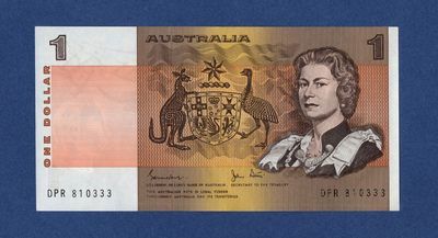 新世界拍卖第02期 -  末版 豹子号333 澳大利亚 1983年 1 澳元 全新UNC P-42d 最后一个签名