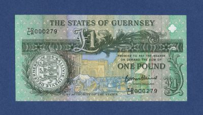 新世界拍卖第02期 - 小号000279 根西岛 格恩西 2013年 1 镑 全新UNC 德纳罗成立200周年 纪念钞