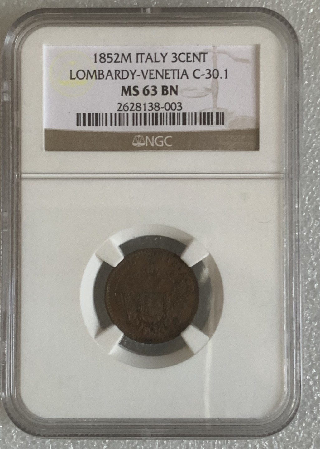 瓶子🏺第93期拍卖会  稀少  伦巴第文尼西亚1852年3分铜币  NGC  MS63