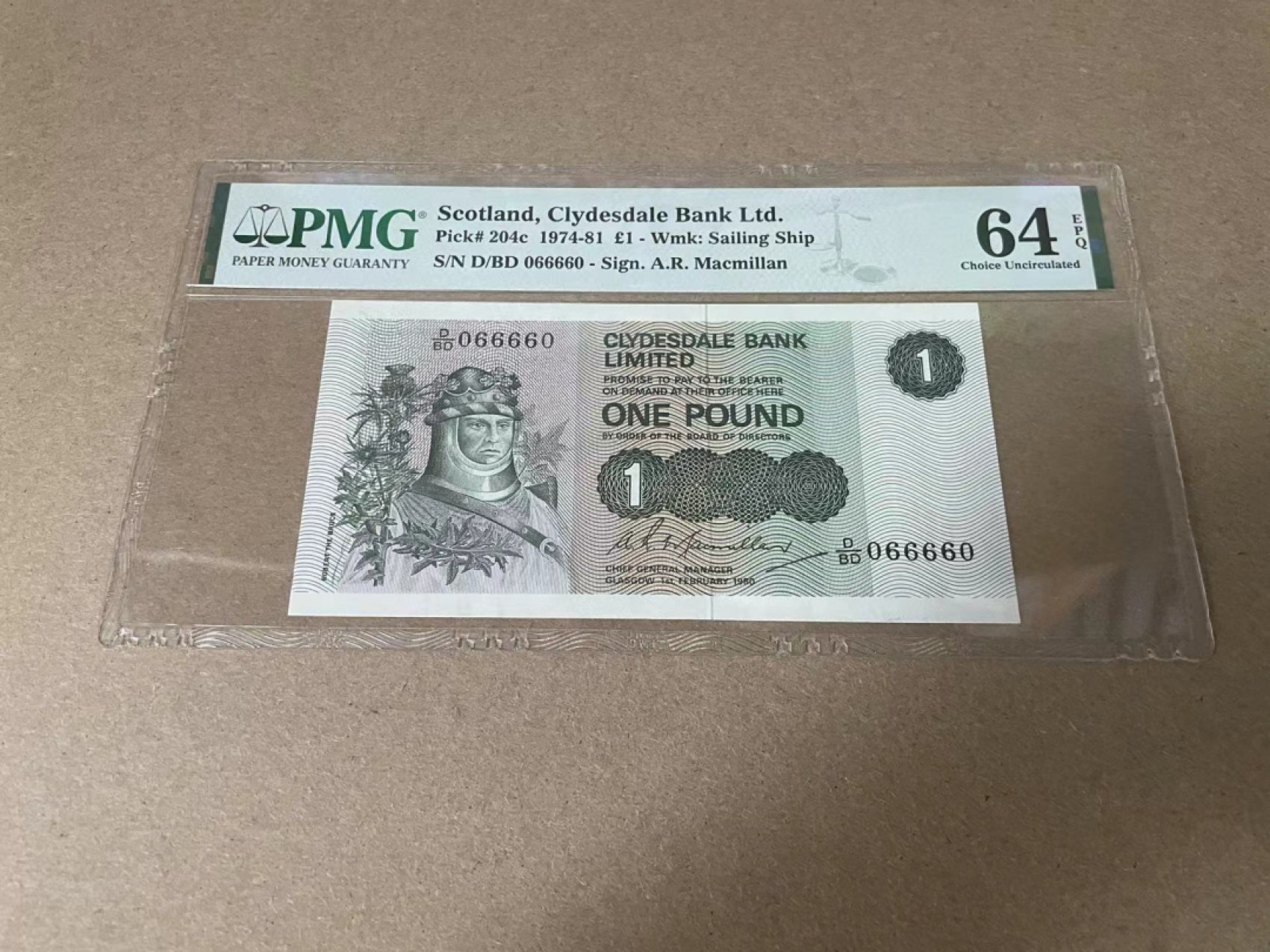 【Blue Auction】✨世界纸币精拍第327期——莫总专场XXI 【倒置号 雷达靓号066660】苏格兰 1974-81年1镑 PMG64EPQ 