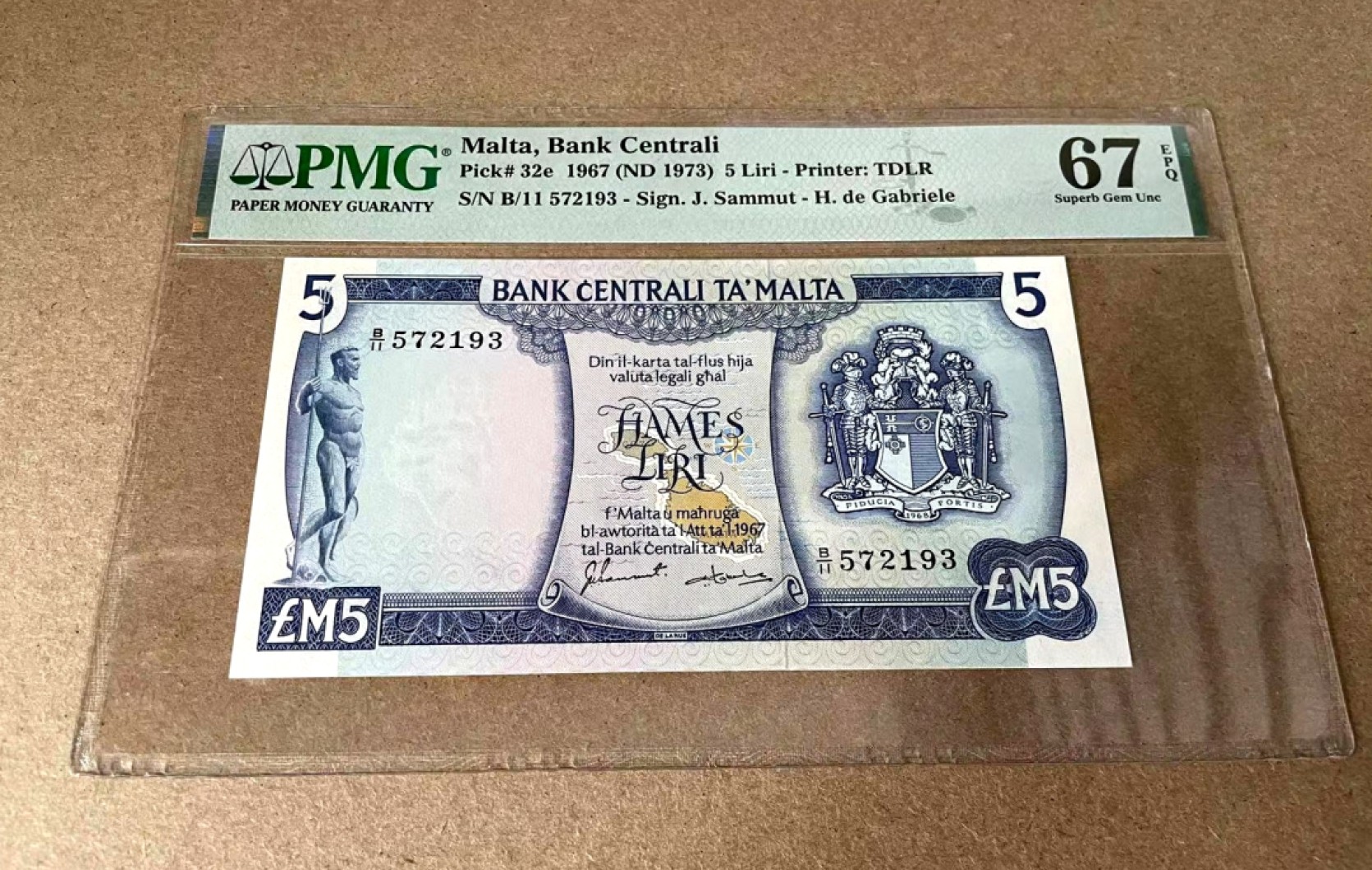 【Blue Auction】✨世界纸币精拍第327期——莫总专场XXI 【e版冠军分仅2张难碰】马耳他 1967年5里拉 PMG67EPQ 高分 经典彩背