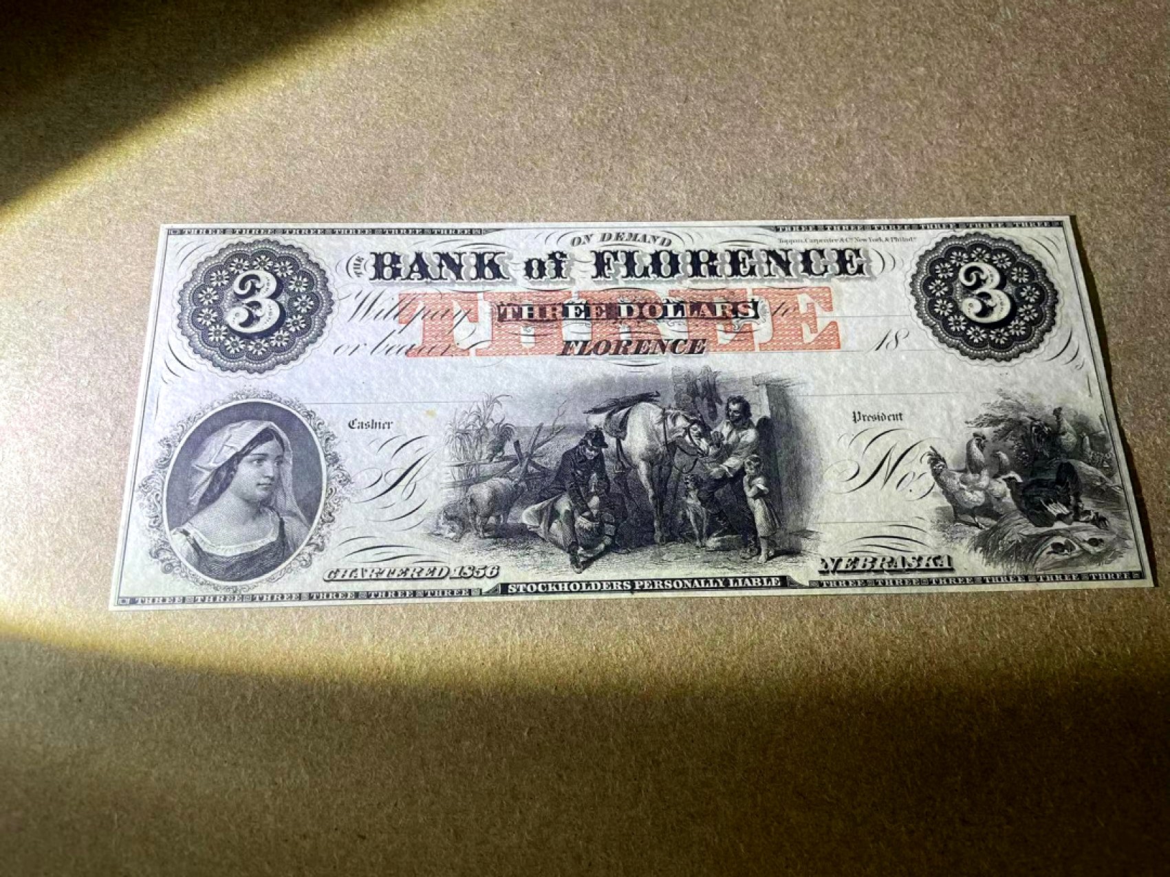 【Blue Auction】✨世界纸币精拍第327期——莫总专场XXI 美国早期 南卡罗莱纳州弗洛伦斯银行 1856年3美金 田园风 设计非常精美 全新UNC