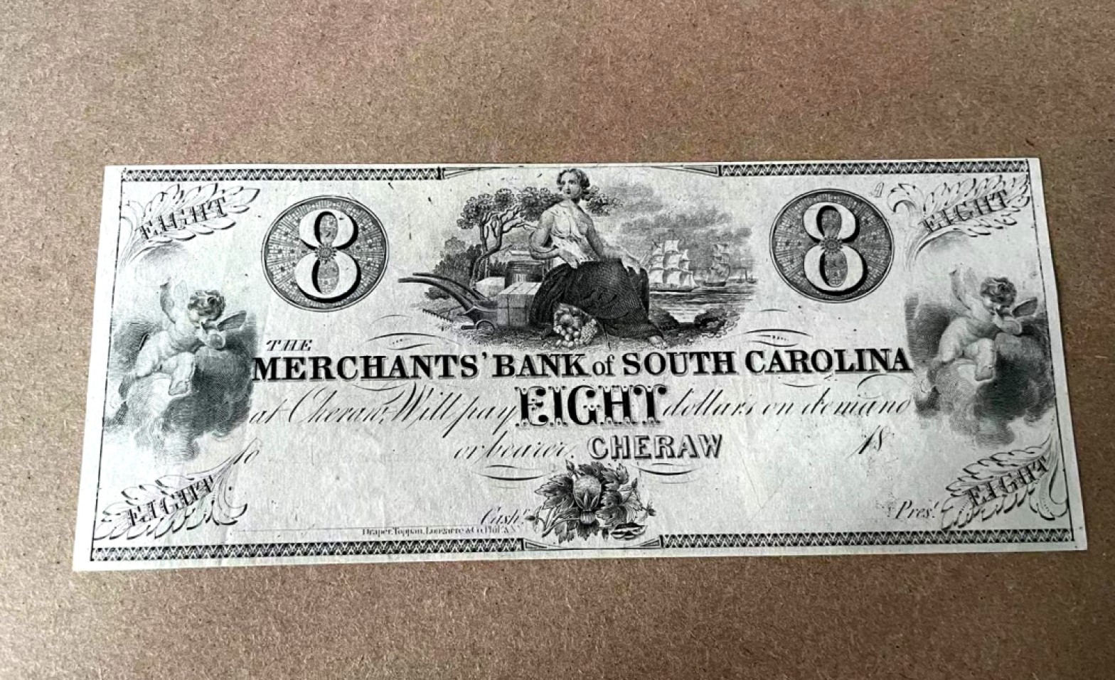 【Blue Auction】✨世界纸币精拍第327期——莫总专场XXI 【该面值非常少见】美国 早期 南卡罗来纳州商业银行 18XX年8美金 美女大场景 小天使 AU品相 该套10美金烂品拍过500多美金