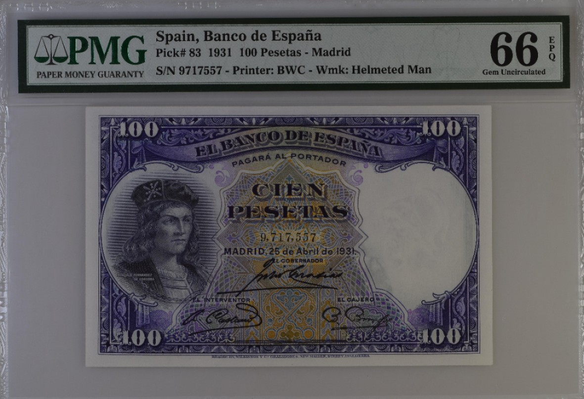 【Blue Auction】✨世界纸币精拍第327期——莫总专场XXI 西班牙 1931年100比塞塔 PMG66EPQ  非常漂亮