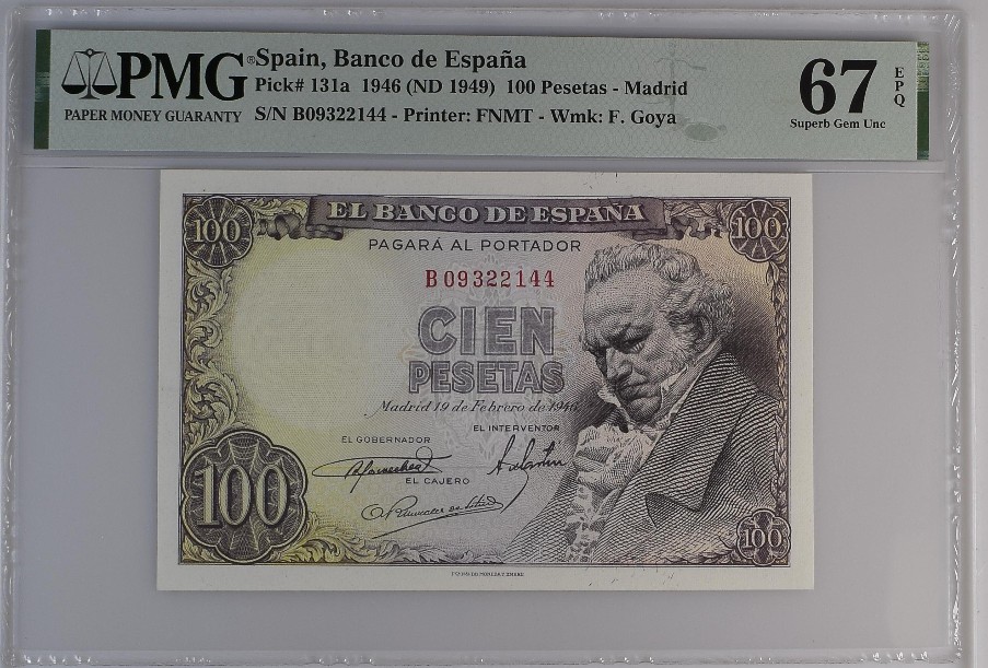 【Blue Auction】✨世界纸币精拍第327期——莫总专场XXI   【无47】西班牙 1946年100比塞塔 PMG67EPQ 高分 戈雅经典油画《阳伞》