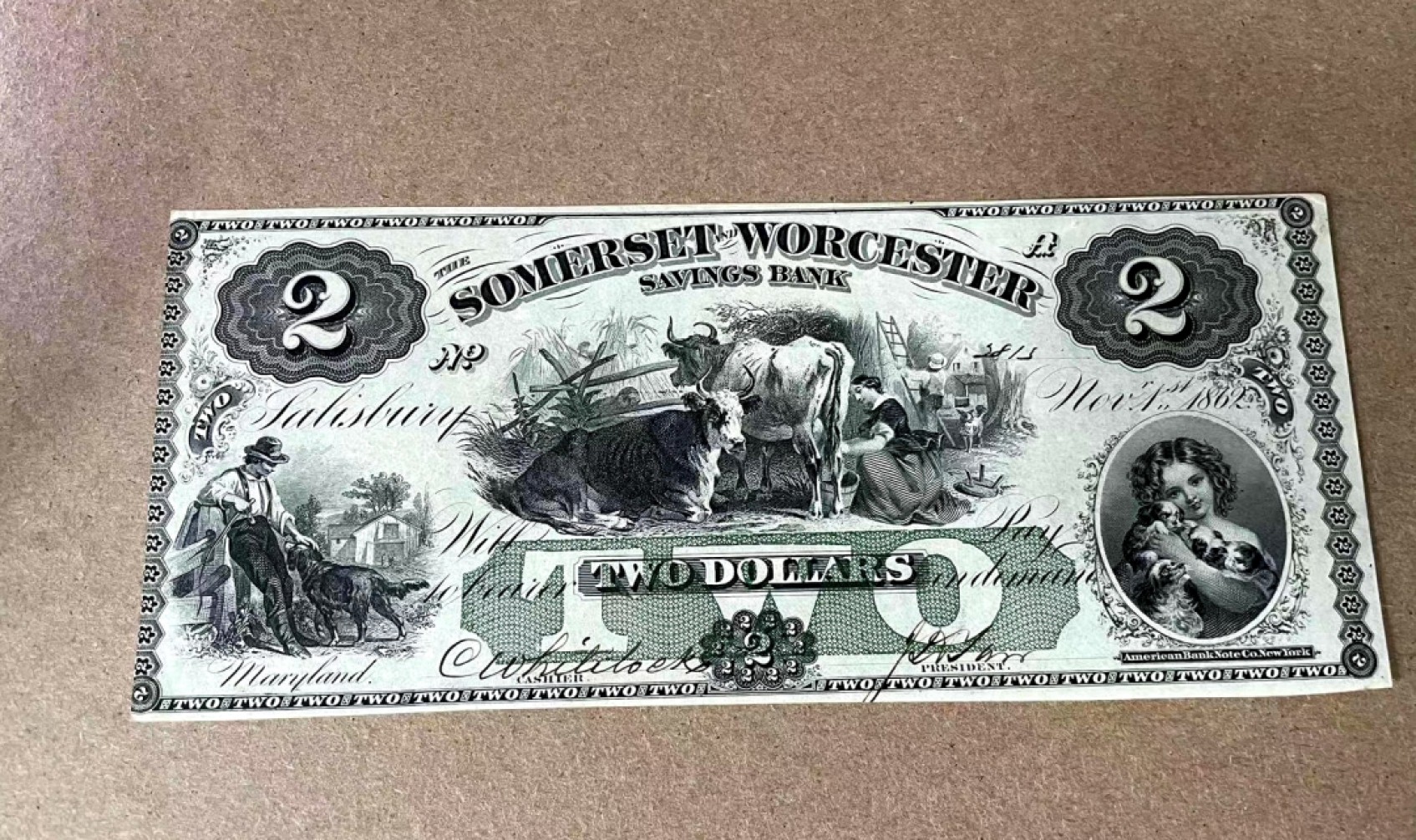 【Blue Auction】✨世界纸币精拍第327期——莫总专场XXI 【带签名实钞 2815小号 非常罕见 三个独立场景均有狗狗】美国早期 1862年 萨默塞特和伍斯特储蓄银行 田园风 双面设计 绿钞精美 非常讨喜的一张 UNC （角微瑕疵）