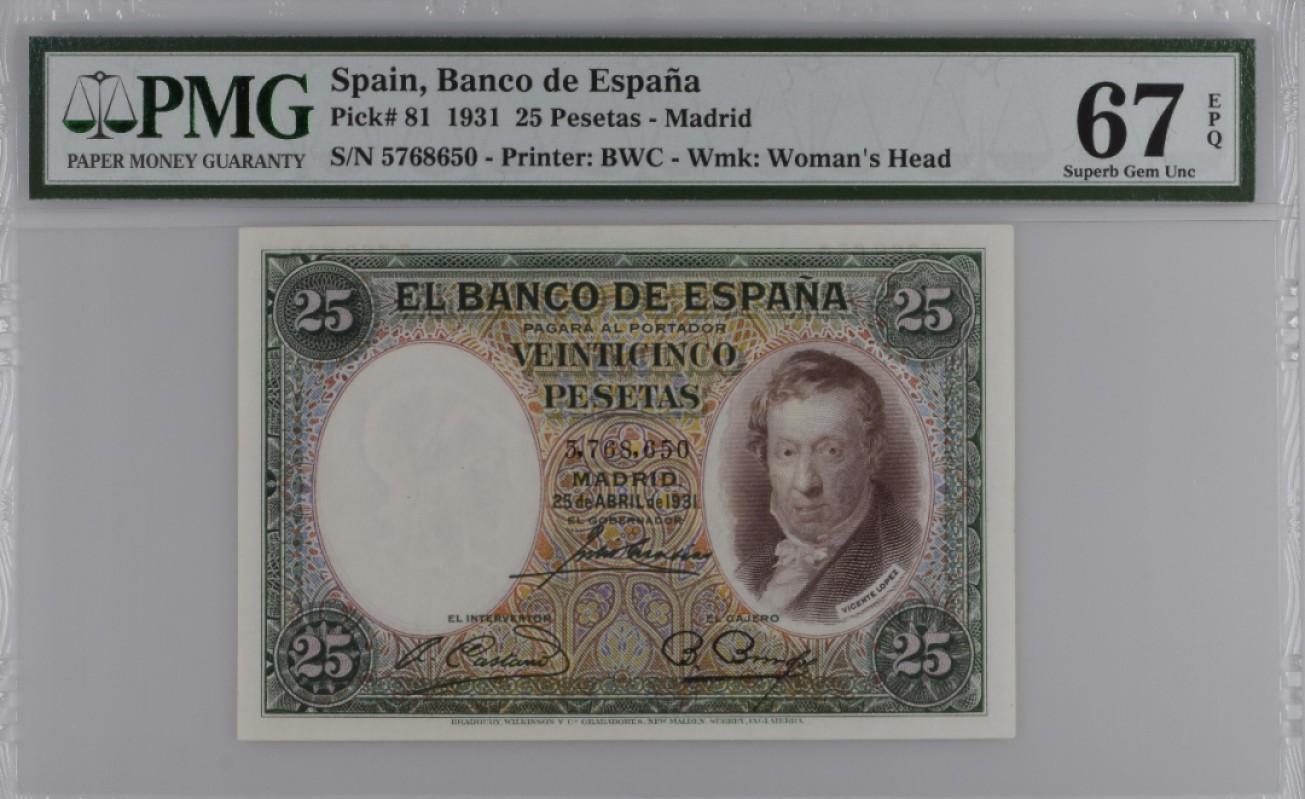 【Blue Auction】✨世界纸币精拍第327期——莫总专场XXI 西班牙 1931年25比塞塔 PMG67EPQ 高分小天使