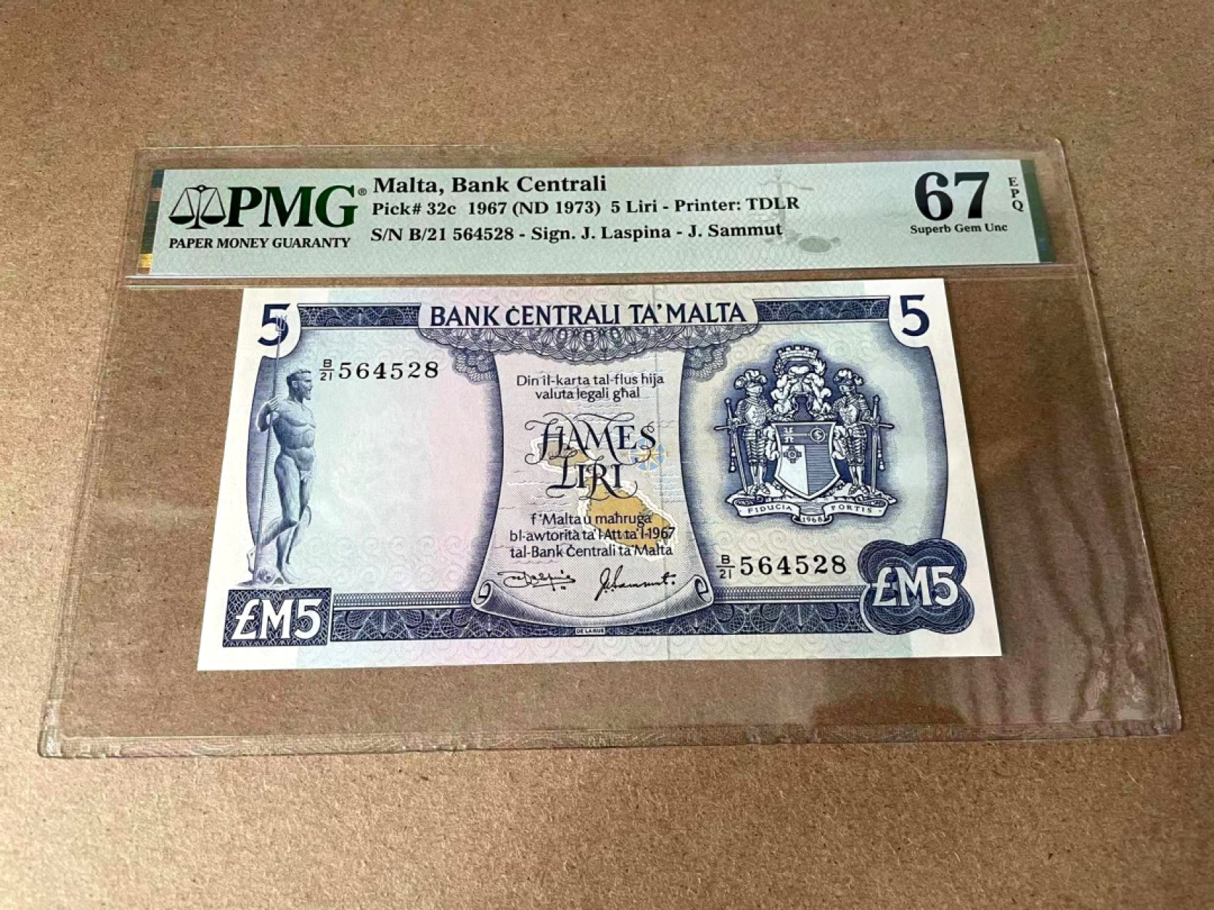 【Blue Auction】✨世界纸币精拍第327期——莫总专场XXI 【c版冠军分】马耳他 1967年5里拉 PMG67EPQ 高分 经典彩背