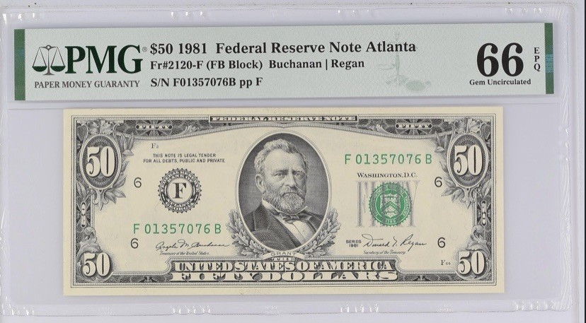 收藏联盟Quantum Auction 第261期拍卖  美国联邦储备券1981年50元 小头美元PMG66 稀少冠军分 号码无4