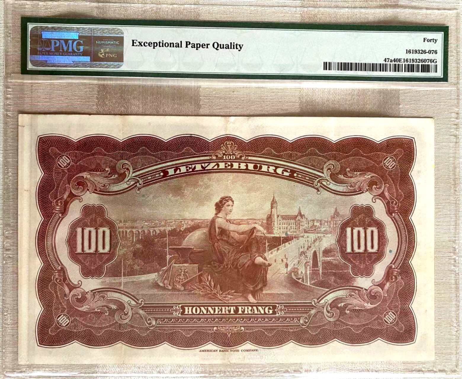 【Blue Auction】✨世界纸币精拍第327期——莫总专场XXI 【A冠无47】卢森堡 1944年100法郎 大票幅 女大公 PMG40EPQ 原票 ABNC出品