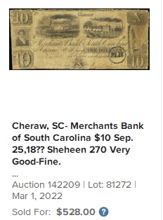 【Blue Auction】✨世界纸币精拍第327期——莫总专场XXI 【该面值非常少见】美国 早期 南卡罗来纳州商业银行 18XX年8美金 美女大场景 小天使 AU品相 该套10美金烂品拍过500多美金