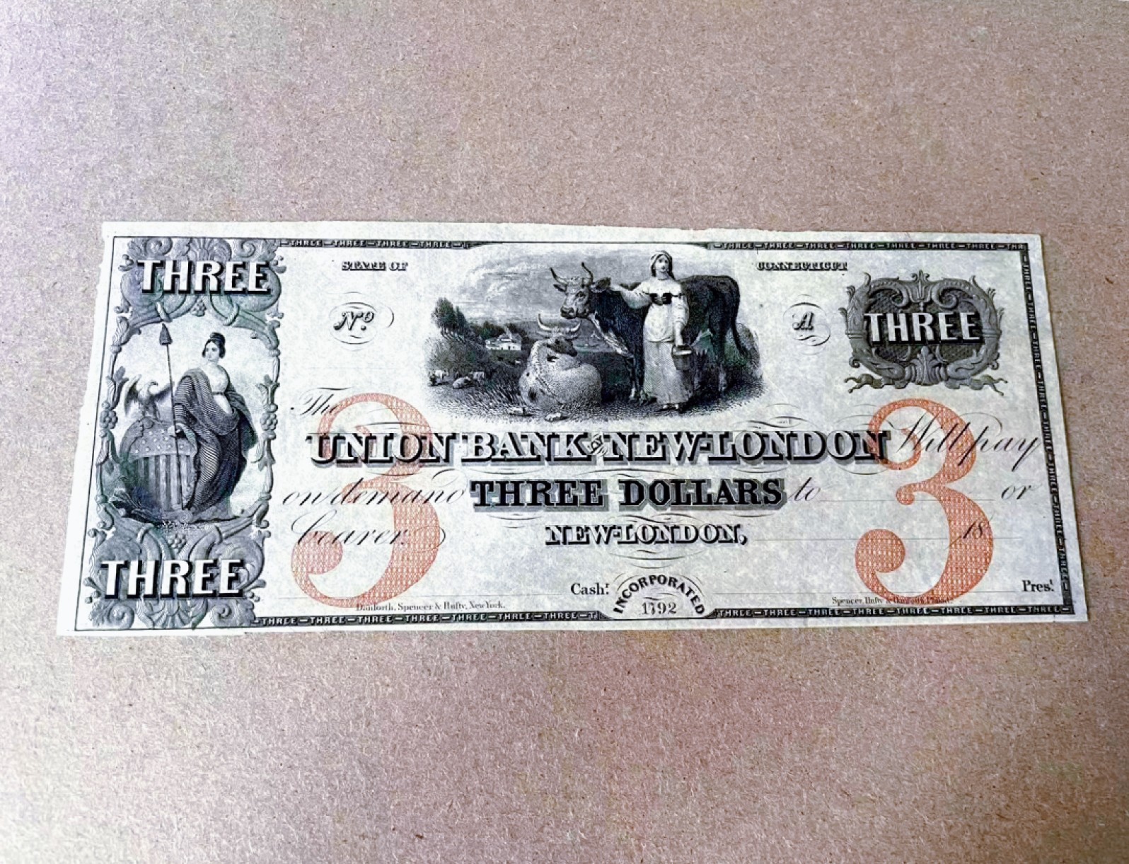 【Blue Auction】✨世界纸币精拍第327期——莫总专场XXI 美国早期 新伦敦联合银行 1792年3美金 UNC- 田园风 设计非常精美 