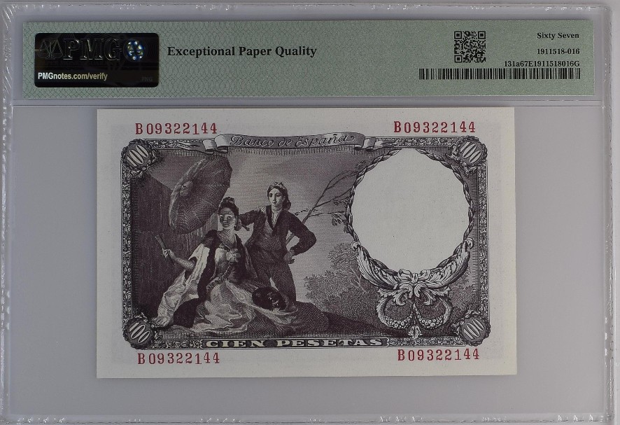 【Blue Auction】✨世界纸币精拍第327期——莫总专场XXI   【无47】西班牙 1946年100比塞塔 PMG67EPQ 高分 戈雅经典油画《阳伞》