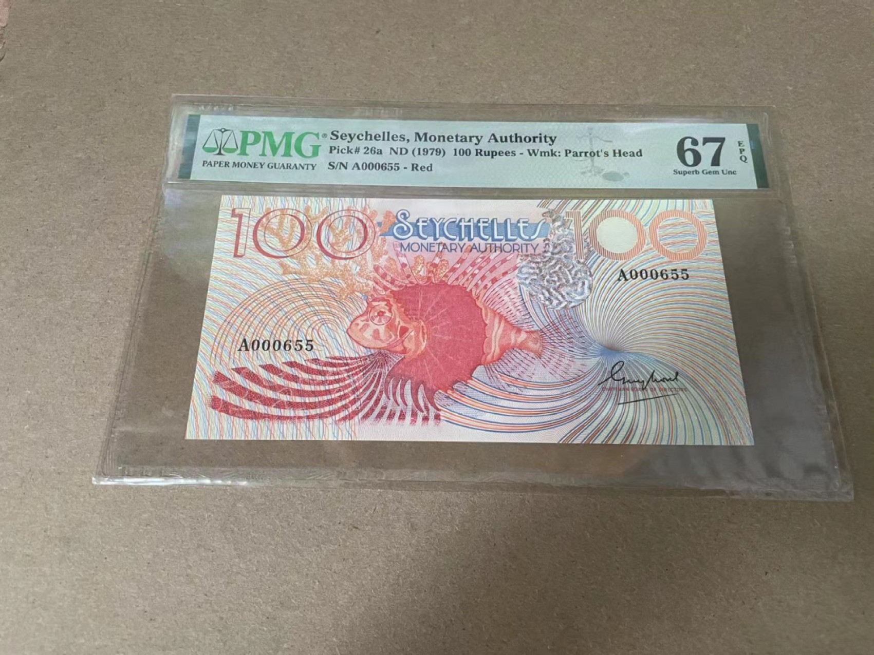【Blue Auction】✨世界纸币精拍第327期——莫总专场XXI 【655小号 A冠】塞舌尔 1979年100卢比 PMG67EPQ 