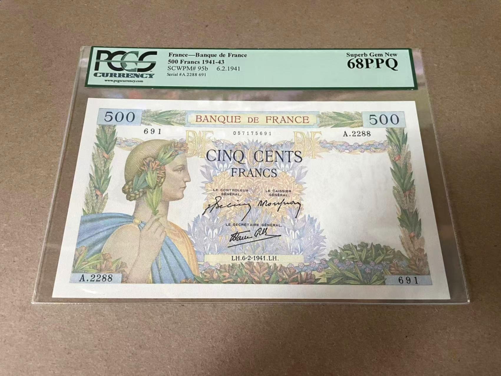 【Blue Auction】✨世界纸币精拍第327期——莫总专场XXI 【冠军分 倒置号】法国 1941年500法郎 大票幅 PCGS绿标68EPQ 超高分罕见