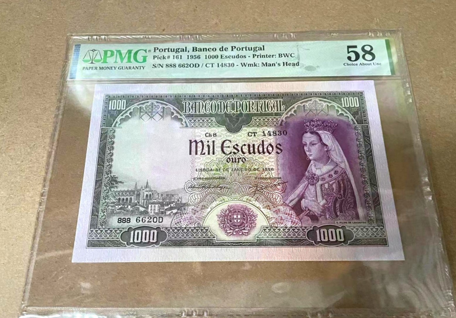 【Blue Auction】✨世界纸币精拍第327期——莫总专场XXI 【888 662 靓号无47】 葡萄牙 1956年初版1000比塞塔 Filipa女王 PMG58  BWC出品 非常漂亮