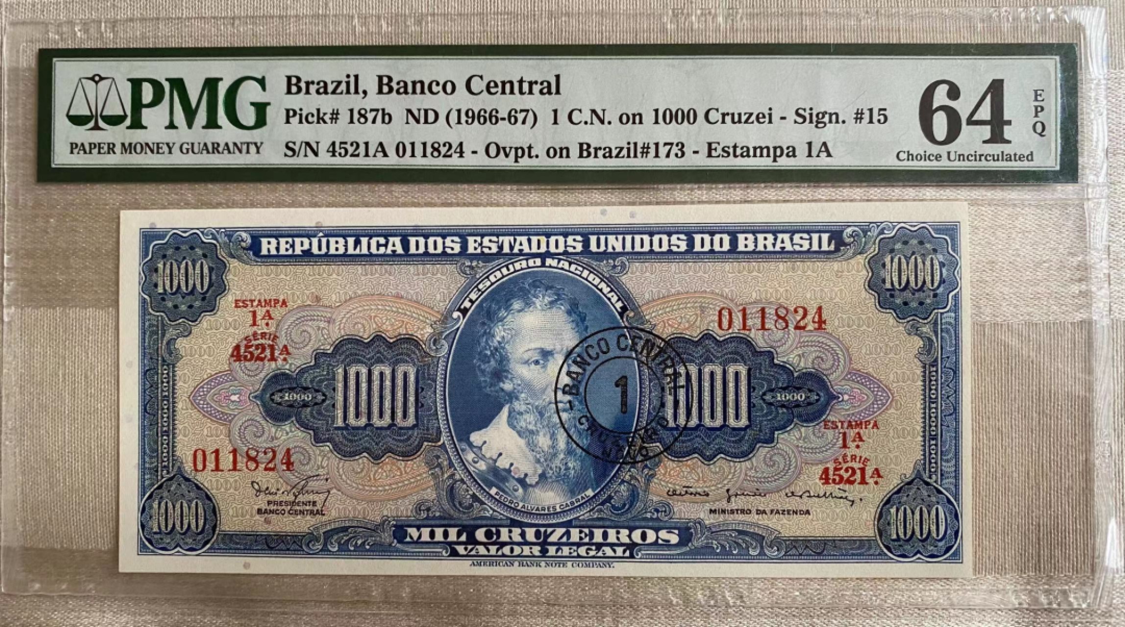 【Blue Auction】✨世界纸币精拍第327期——莫总专场XXI 巴西 1966-67年1000克鲁塞罗 PMG64EPQ 背面大场景