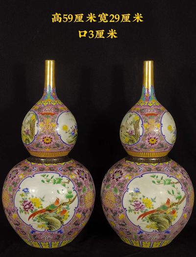 雍正年制 珐琅彩开窗描金花鸟百花献寿葫芦瓶一对，做工精细 保存完整 花鸟栩栩如生！ - 雍正年制 珐琅彩开窗描金花鸟百花献寿葫芦瓶一对，做工精细 保存完整 花鸟栩栩如生！